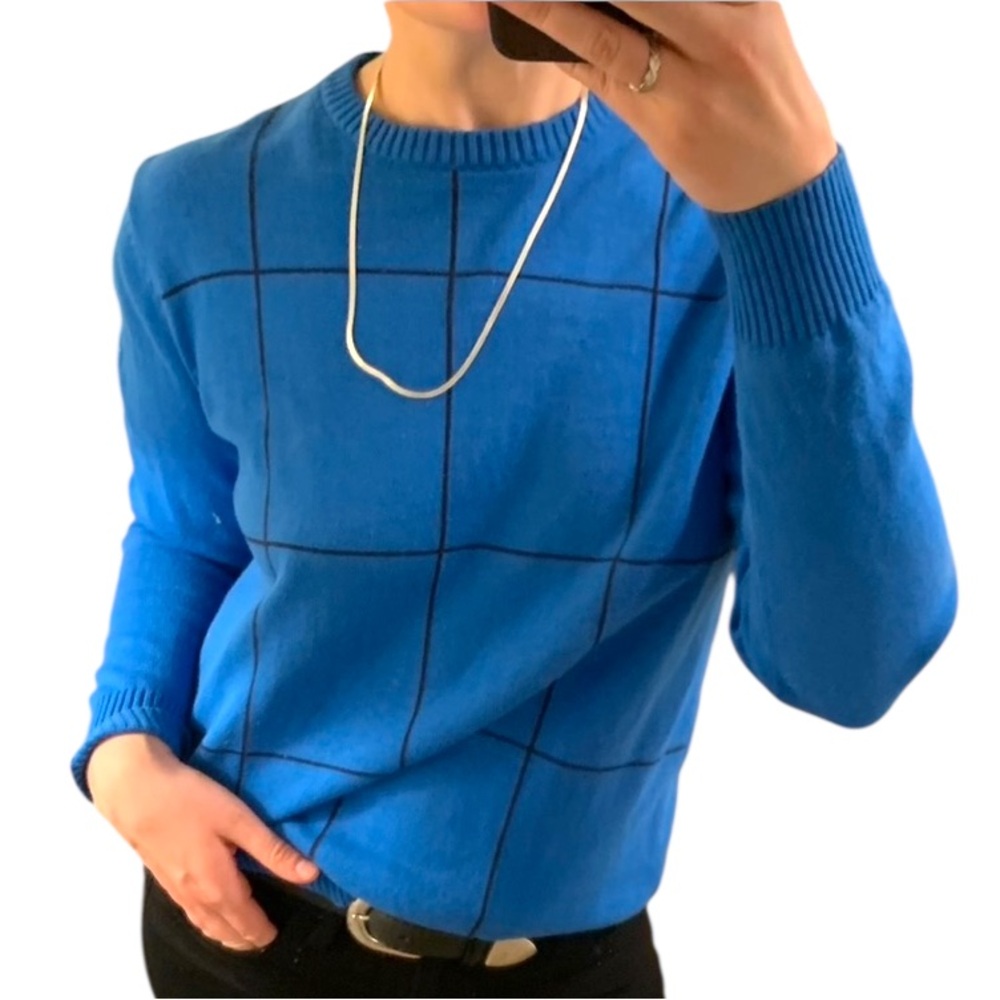 Vintage JOHN ASHFORD Blue Black Checked Cotton Crew Neck Pullover Sweater Jumper - Picture 7 of 16
